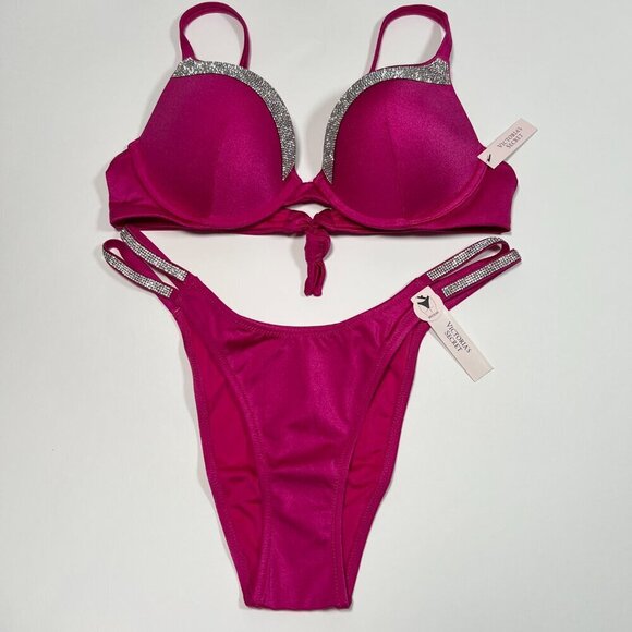 Victoria Secret 32B XS VERY SEXY Push Up Bikini Top Set Shine Strap Berry Blush - Picture 2 of 10